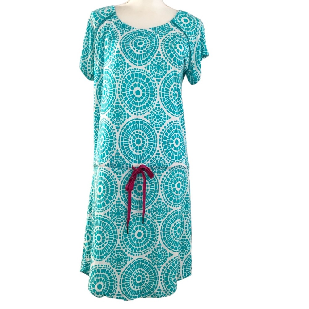 Hatley Womens Printed Swim Cover Up Loose Fit T-Shirt Dress Teal White Medium